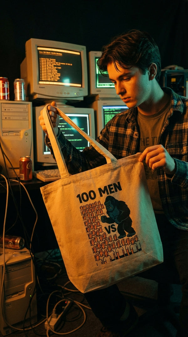 Organic Cotton Tote - Men vs Gorilla Showdown - 90s Retro Hacker in 90s LAN Party - 90s Retro Sustainable