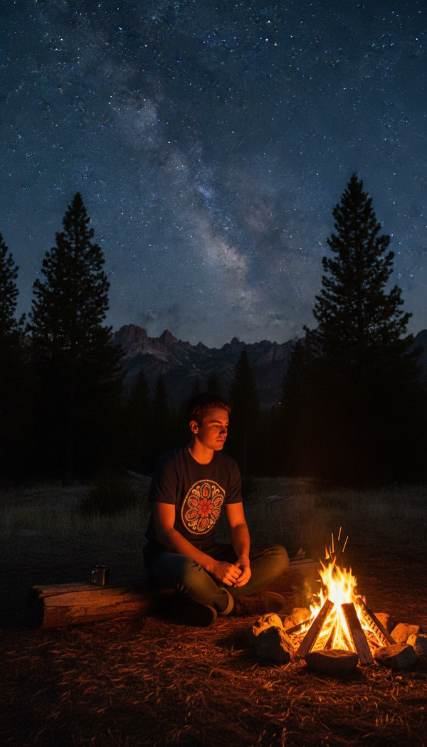 Paisley Rosette with Twisted Rope Borders Western Unisex Organic Cotton T-Shirt - Campfire Storyteller in Campfire at Night - 90s Retro Sustainable