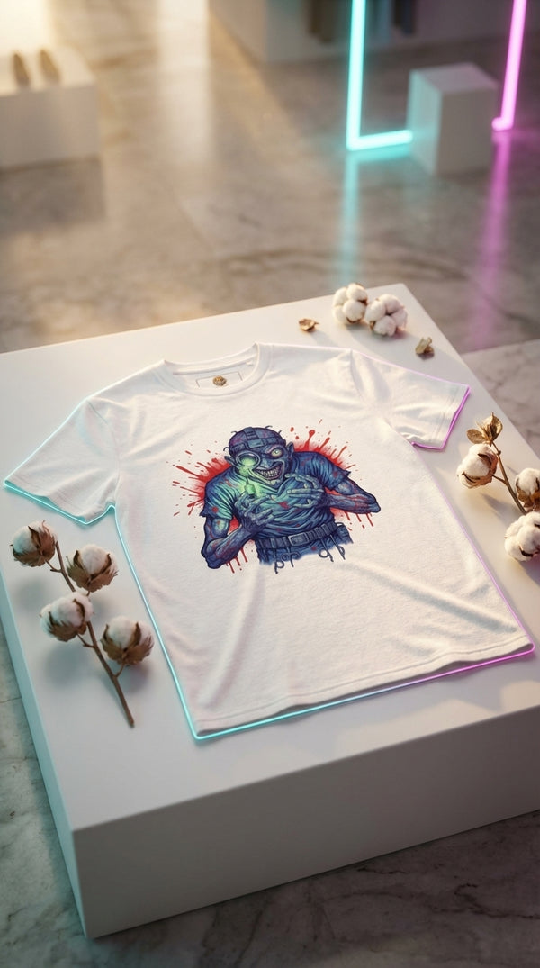 Mad Scientist Zombie Organic Cotton T-Shirt - GOTS Certification Hero in 90s Mall Food Court - 90s Retro Sustainable