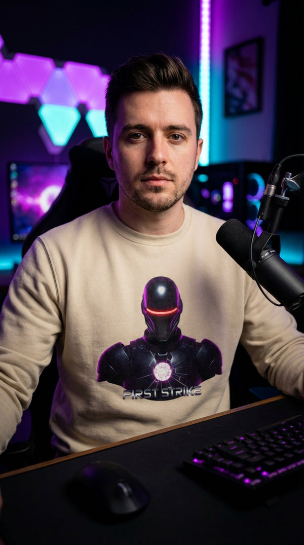 First Strike Cyberpunk Organic Gamer Sweatshirt - Male Streamer in RGB Gaming Room - Legendary Pull
