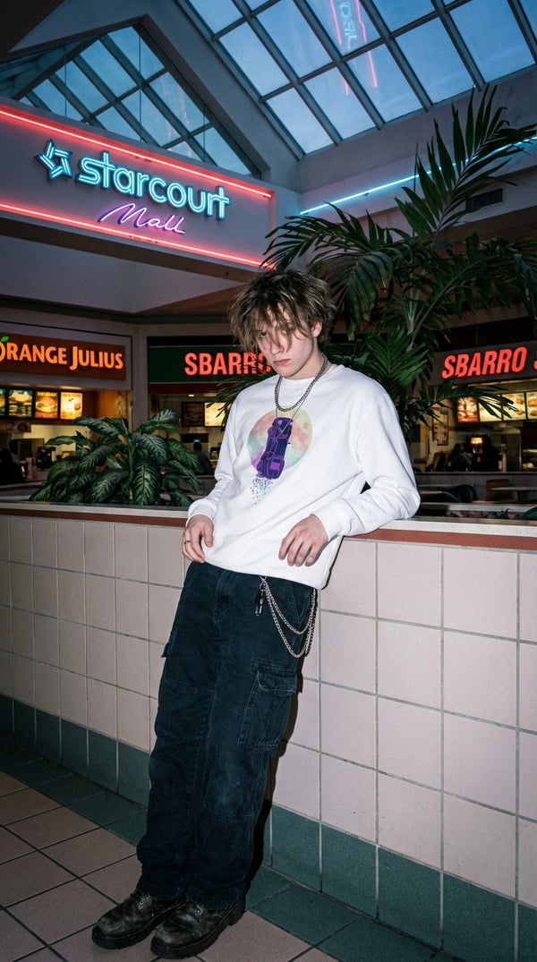 Synthwave Flying Car Organic Cotton Sweatshirt - 90s Mall Goth in 90s Mall Food Court - 90s Grunge Revival