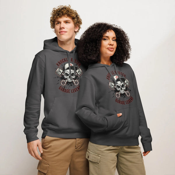 Knuckle Buster Legend Organic Hoodie | Sustainable Mechanic Streetwear - Sustainable Organic Design | Primary Mockup Front View