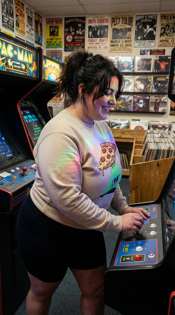 Pizza UFO Cow Abduction Organic Crewneck Sweatshirt - Retro Plus Arcade in Vintage Record Store - 90s Grunge Revival