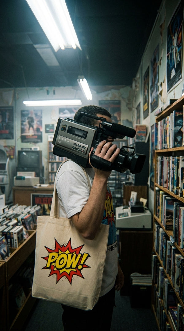 POW! Comic Pop Eco Tote Bag - VHS Camcorder Operator in VHS Rental Store - Eco-Aesthetic Lifestyle