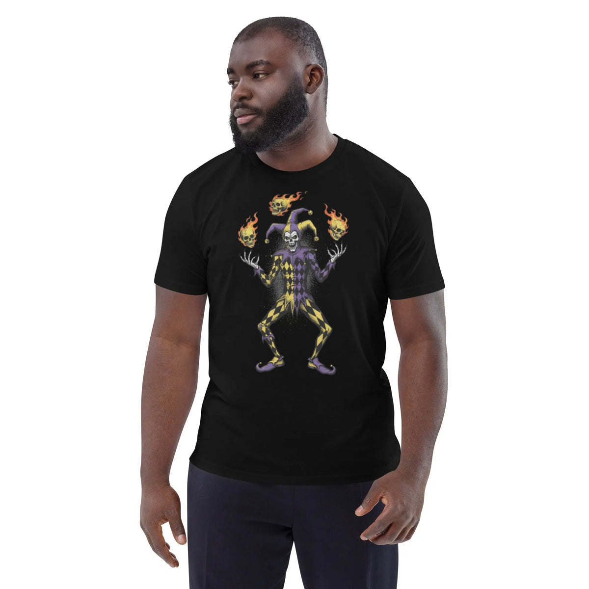 Jester's Flame Organic Cotton Tee | Sustainable Graphic Streetwear - Sustainable Organic Design | Primary Mockup Front View