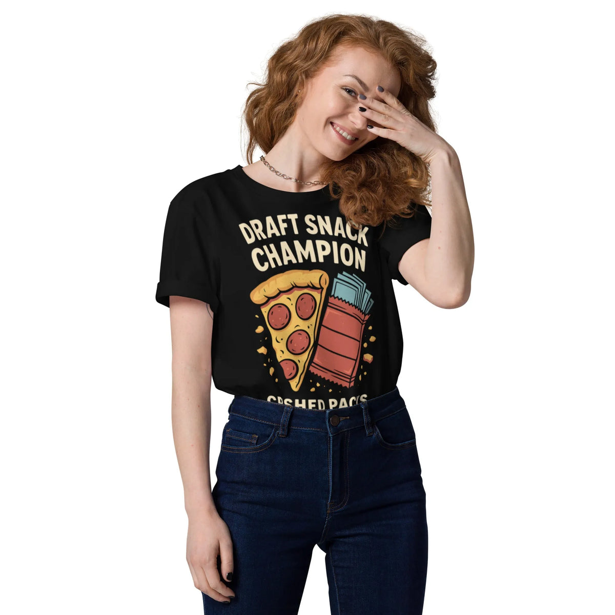 Draft Snack Champion - Organic Cotton Gamer Streetwear Tee - Sustainable Organic Design | Primary Mockup Front View
