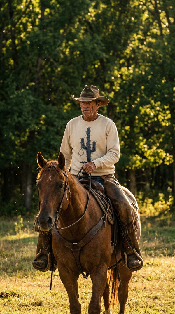 Western Cactus Graphic Organic Cotton Sweatshirt - Cowboy Model in Nature / Forest - Eco-Aesthetic Lifestyle