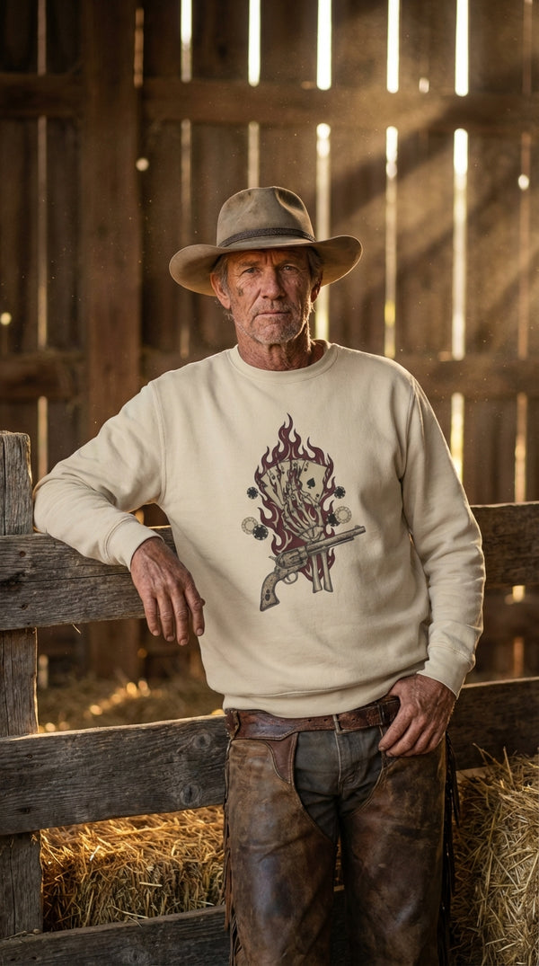 Skeleton Gambler Organic Cotton Sweatshirt - Modern Rancher in Rustic Barn - Eco-Aesthetic Lifestyle