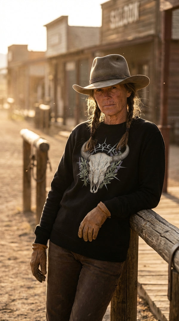 Mystic Bull Skull Organic Cotton Sweatshirt - Western Goth - Cowgirl Model in Western Town - Eco-Aesthetic Lifestyle