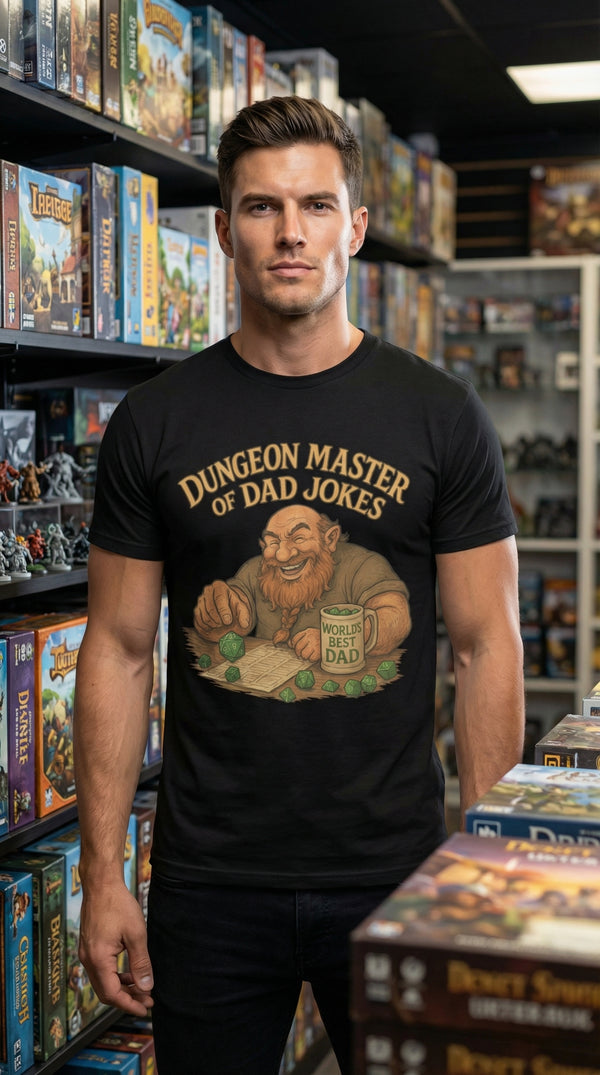 Dungeon Master of Dad Jokes Tee - Male Model in Local Game Store - Kitchen Table Legend