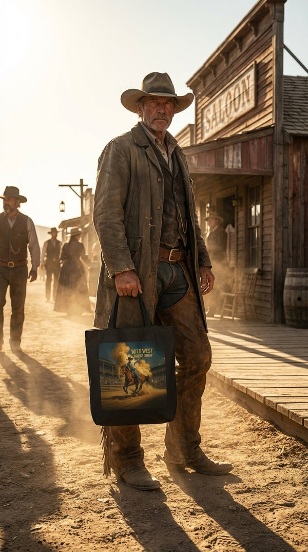 Wild West Rodeo Show Organic Cotton Tote Bag - Cowboy Model in Western Town - Eco-Aesthetic Lifestyle