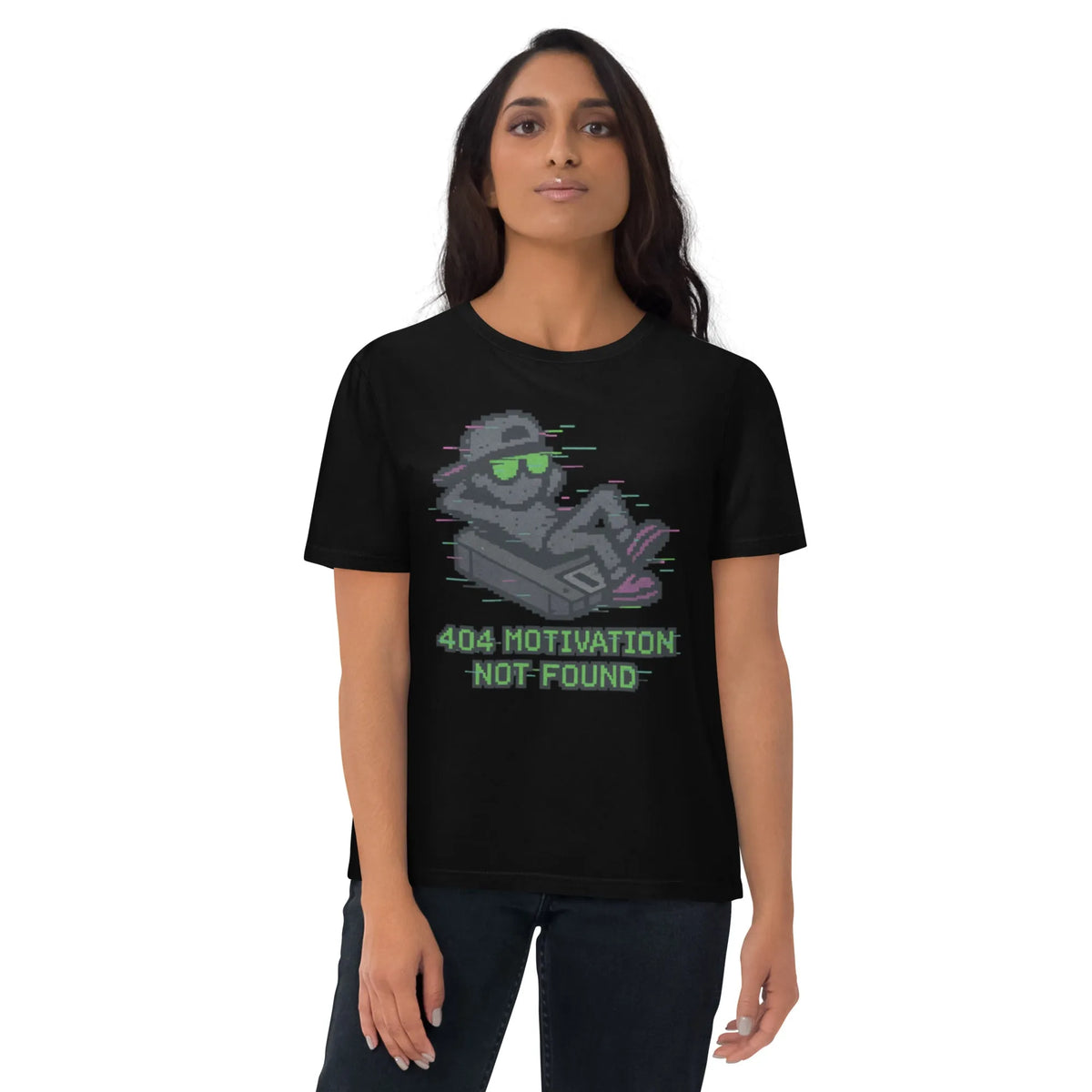 404 Motivation Not Found | Organic Gamer Glitch Tee - Sustainable Organic Design | Primary Mockup Front View