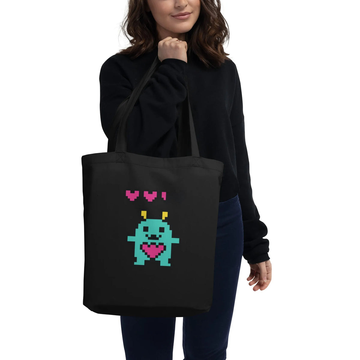 Pixel Heart Monster Tote | Certified Organic Cotton for Sustainable Style - Sustainable Organic Design | Primary Flat-lay Front View