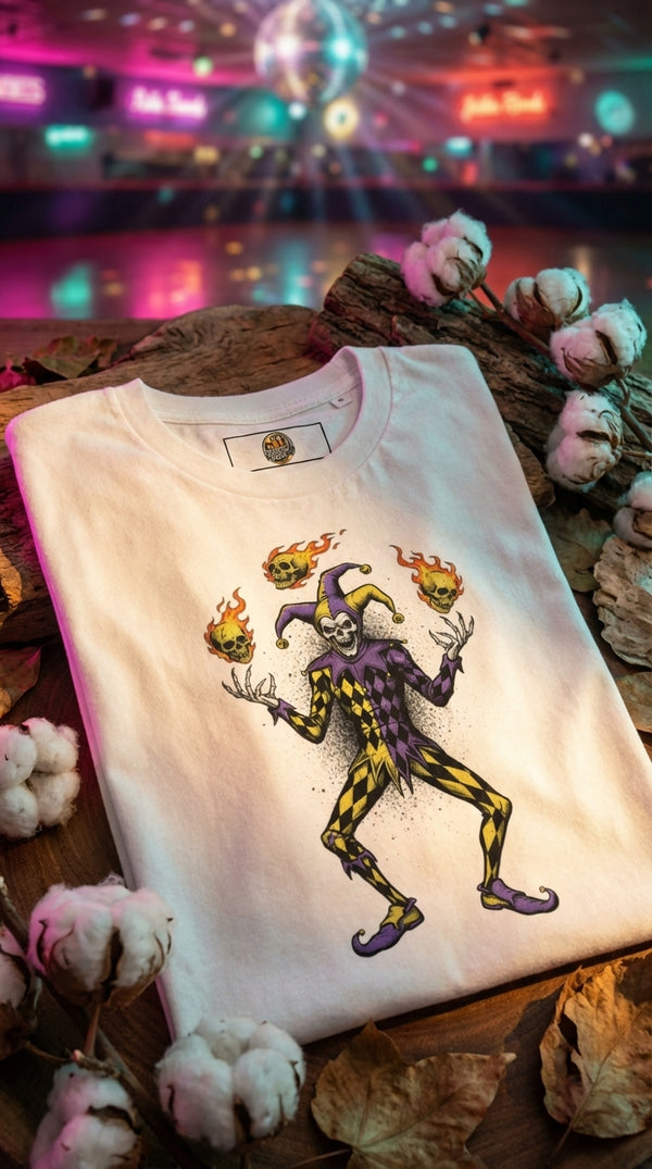 Flaming Skull Jester T-Shirt | 100% Organic Cotton - GOTS Certification Hero in Roller Rink - 90s Retro Sustainable