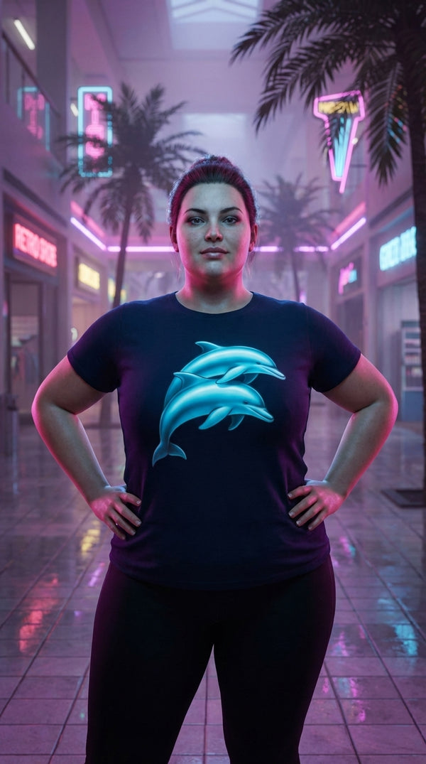 Chrome Dolphins Organic Cotton T-Shirt - Cyberpunk Plus in 90s Mall Food Court - 90s Grunge Revival