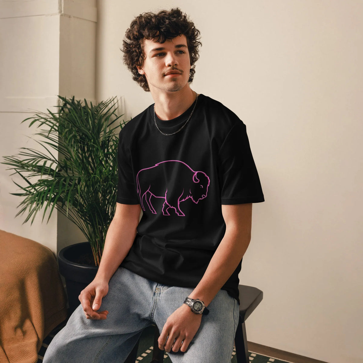 Neon Bison Glow – Organic Cotton T-Shirt - Sustainable Organic Design | Primary Flat-lay Front View