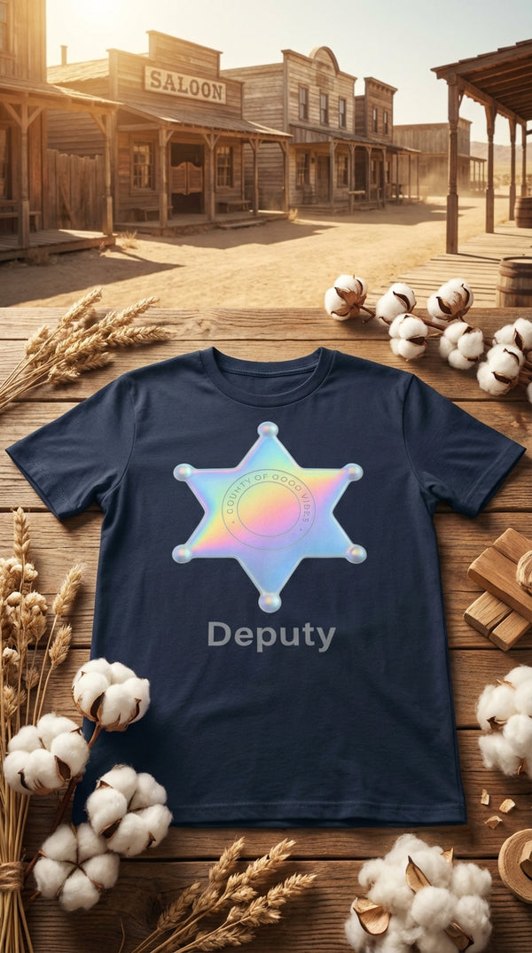 Deputy Holographic Badge T-Shirt – Western Neon Sheriff Style - GOTS Certification Hero in Western Town - 90s Retro Sustainable