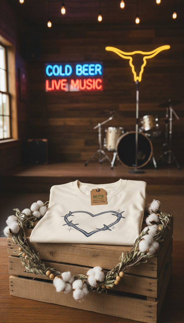Barbed Wire Heart – Western Organic Cotton T-Shirt - GOTS Certification Hero in Honky Tonk Bar - 90s Retro Sustainable