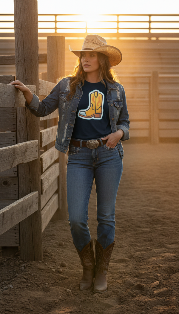Retro Cowboy Boot Sticker Organic Cotton T-Shirt - Cowgirl Model in Rodeo Arena - 90s Retro Sustainable