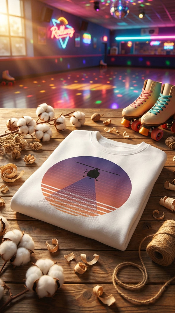 Retro Helicopter Sunset Organic Cotton Sweatshirt - GOTS Certification Hero in Roller Rink - 90s Retro Sustainable