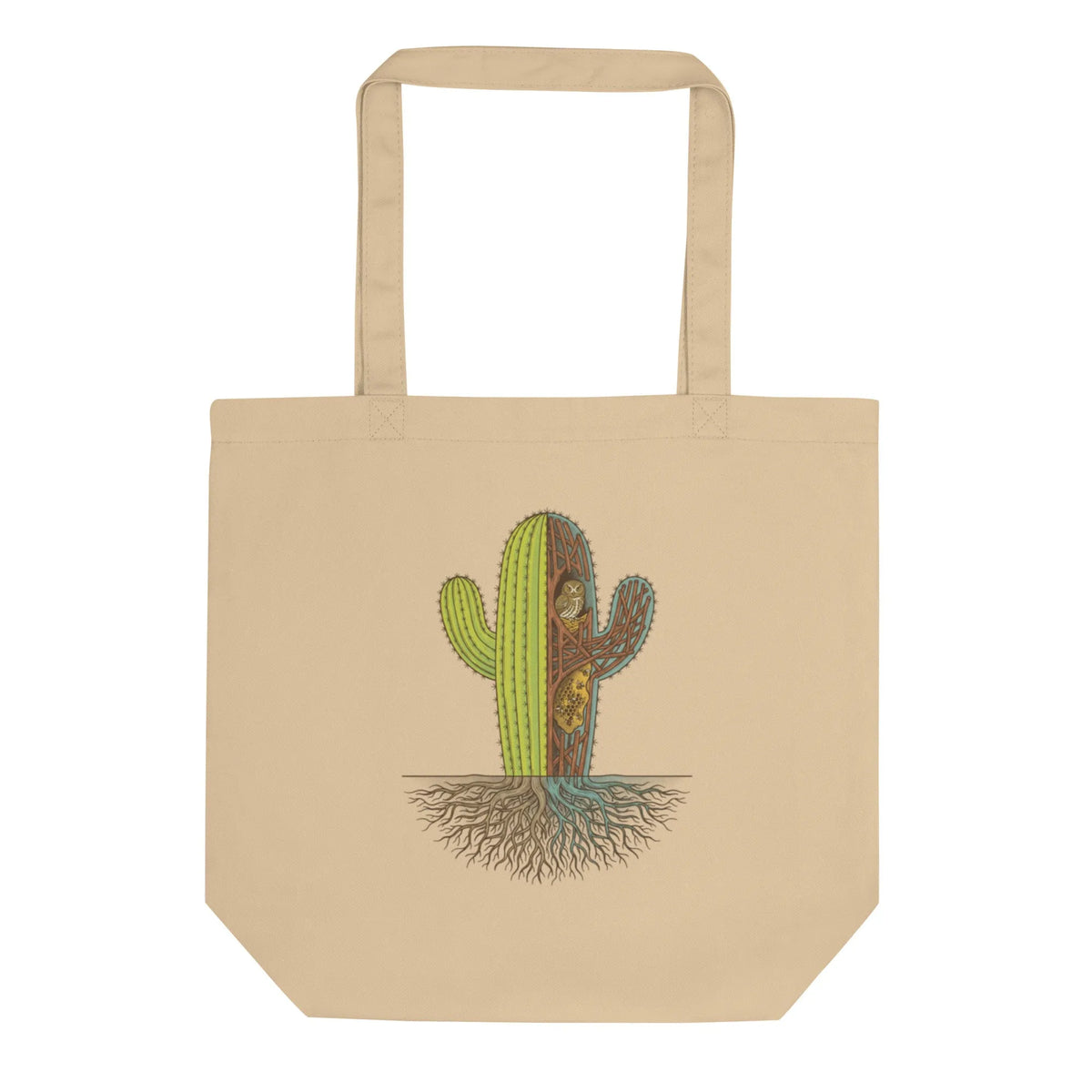 Saguaro Sanctuary Organic Cotton Tote Bag | Eco-Friendly Western Design - Sustainable Organic Design | Primary Flat-lay Front View