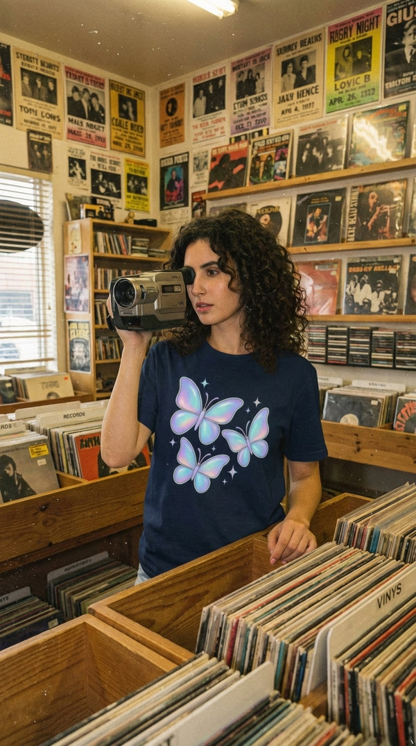 Iridescent Butterflies Organic Cotton T-Shirt - VHS Camcorder Operator in Vintage Record Store - 90s Grunge Revival