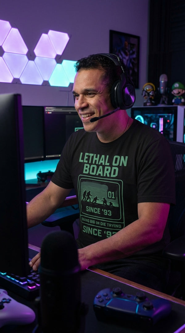 Lethal on Board Organic Cotton T-Shirt - Male Streamer in RGB Gaming Room - The Tournament Grinder