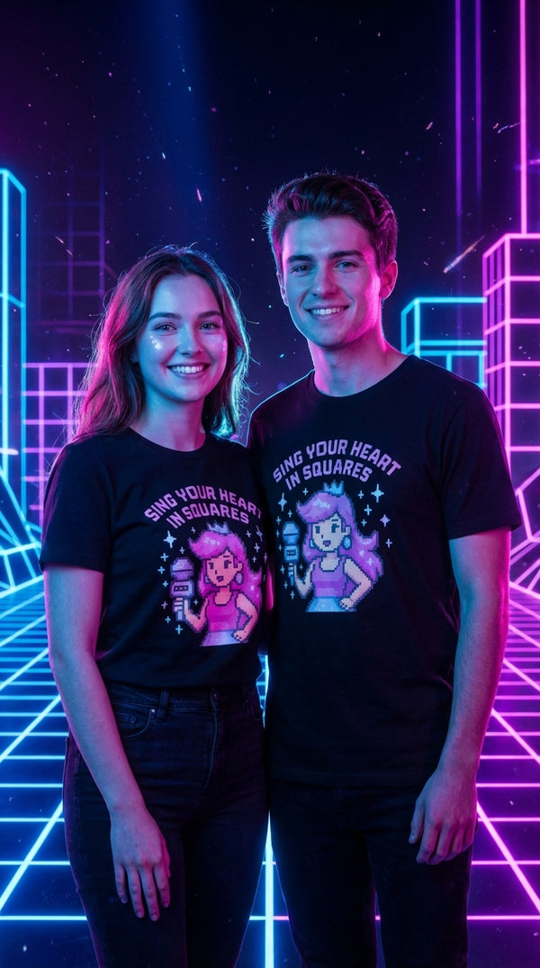 Sing Your Heart In Squares Organic Unisex T-Shirt - Couple / Duo in Virtual Reality Grid - Cinematic Showcase