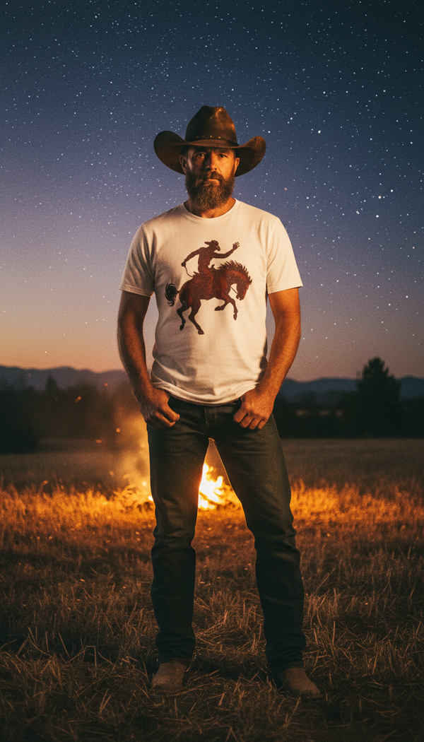 Organic Cotton T‑shirt – Cowboy Rider Vintage - Cowboy Model in Campfire at Night - 90s Retro Sustainable