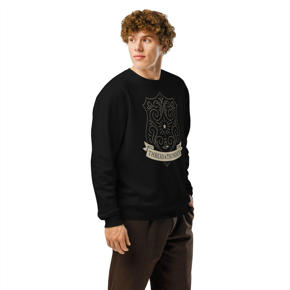 Thread & Thunder Organic Sweatshirt | Western Paisley Shield - Sustainable Organic Design | Primary Mockup Front View
