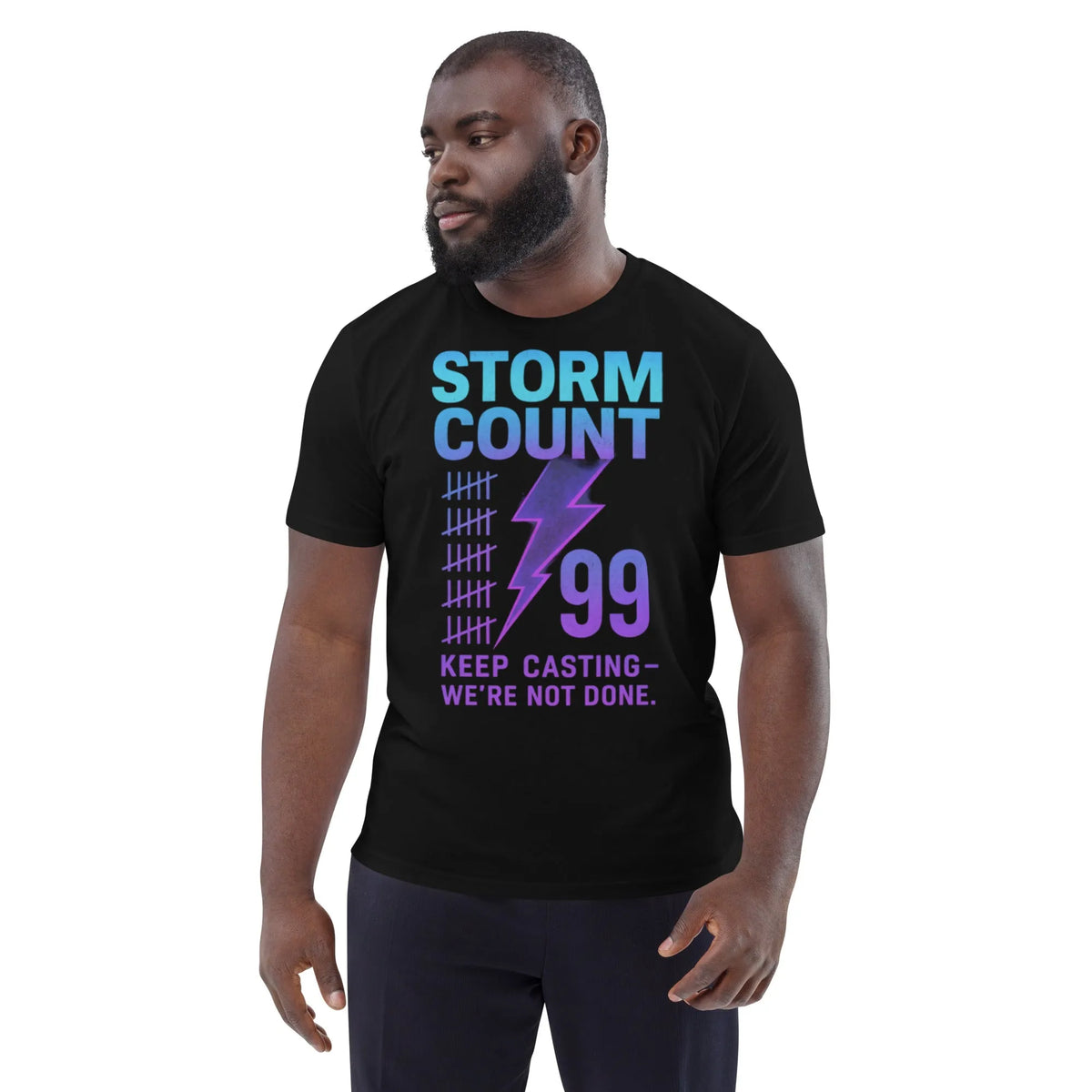 Storm Count 99 Organic Cotton T-Shirt | Sustainable Gamer Streetwear - Sustainable Organic Design | Primary Mockup Front View