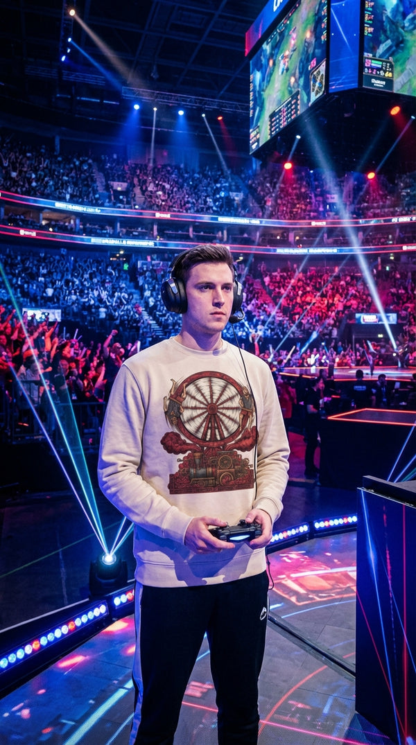 Steampunk Wheel of Fortune Organic Cotton Crewneck - Esports Pro in Esports Arena - Legendary Pull