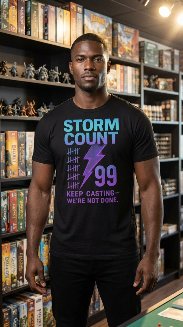 Storm Count 99 Organic Unisex T-Shirt - Male Model in Local Game Store - Mana Color Aesthetic