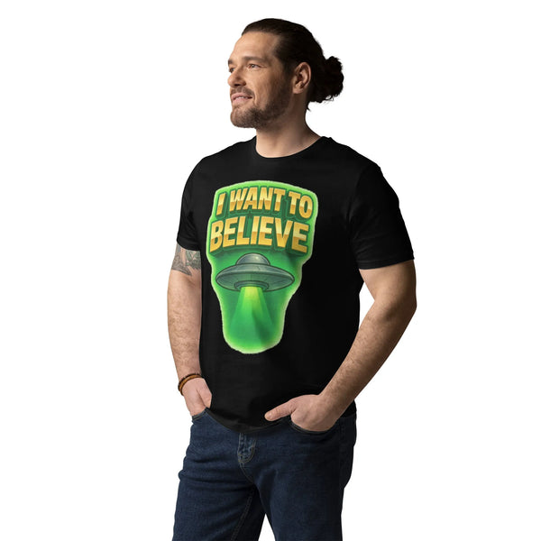 "I Want To Believe" UFO Organic Cotton T-Shirt - Sustainable Organic Design | Primary Mockup Front View