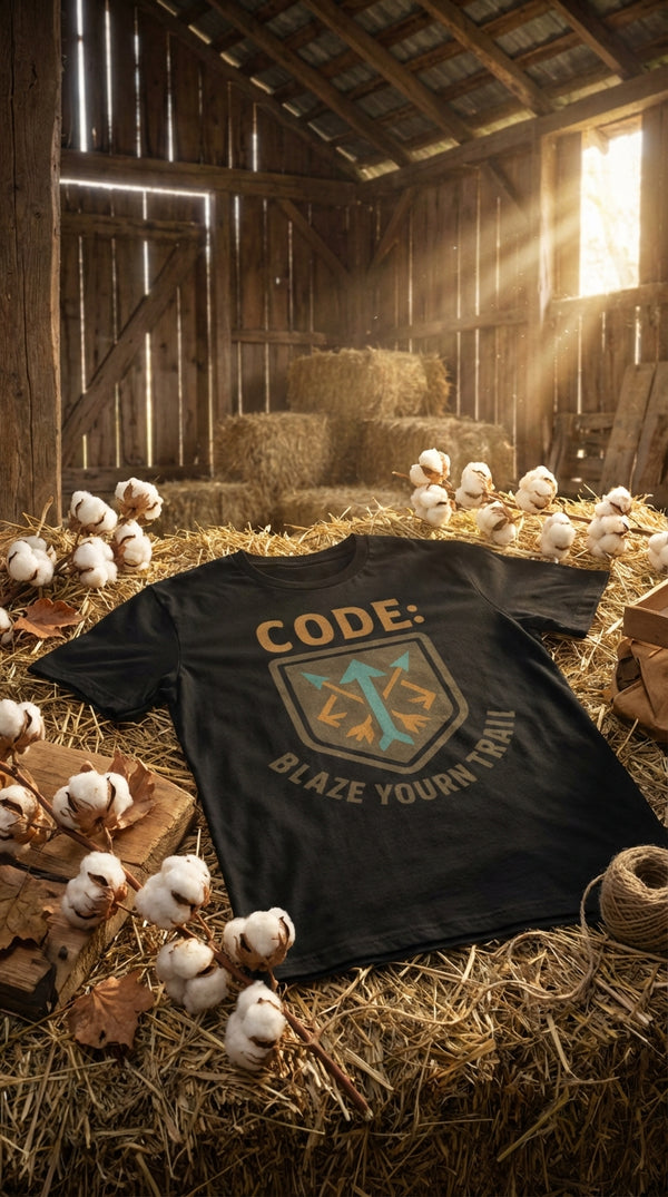 Organic Cotton T‑shirt – Code: Blaze YourRN Trail - GOTS Certification Hero in Rustic Barn - 90s Retro Sustainable