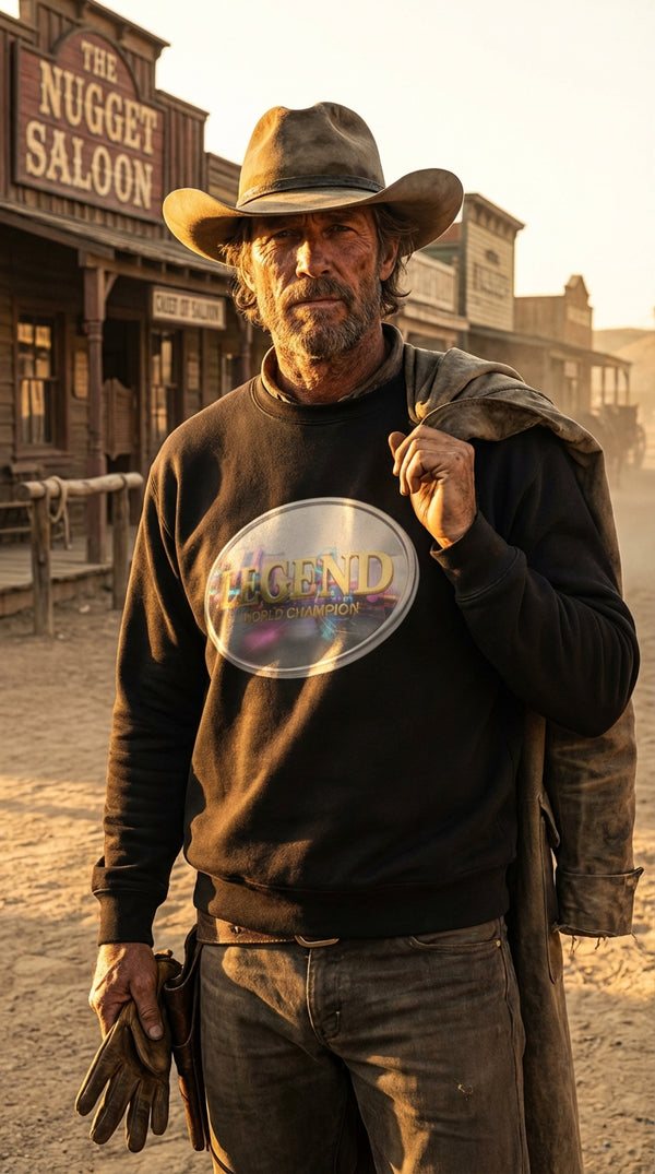 Legend World Champion Organic Cotton Crewneck Sweatshirt - Cowboy Model in Western Town - Eco-Aesthetic Lifestyle