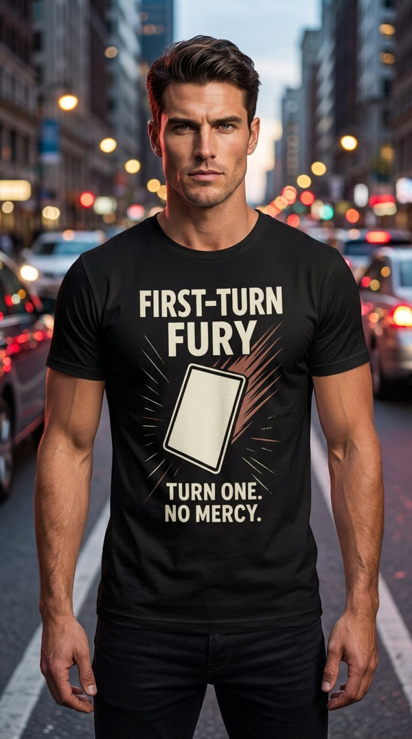 Organic Cotton T-Shirt Unisex First Turn Fury - Male Model in Urban Street - Mana Color Aesthetic
