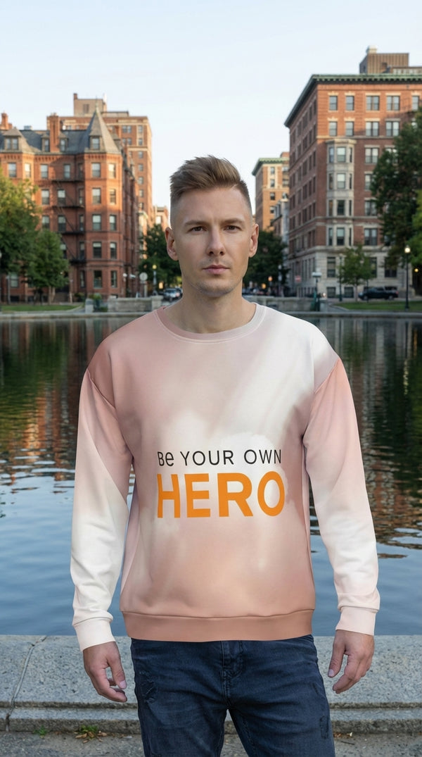 Be Your Own Hero Recycled Unisex Sweatshirt - Male Model in Boston Frog Pond - Eco-Aesthetic Lifestyle