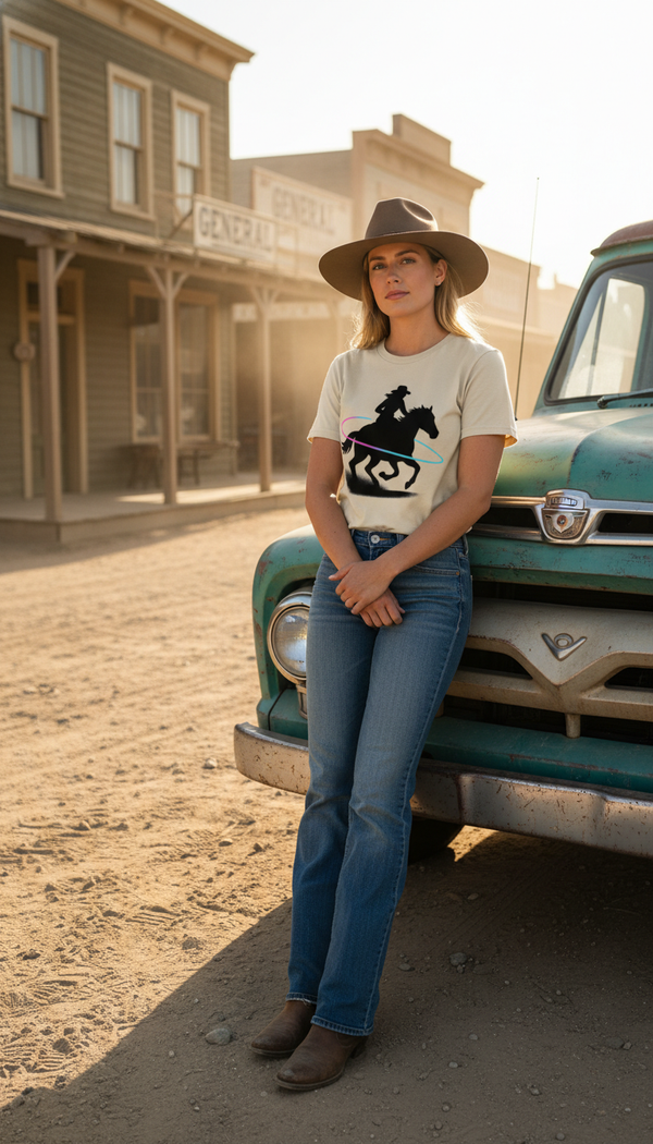 Neon Barrel Racer in Motion Unisex Organic Cotton T-Shirt - Pickup Truck Lean in Western Town - 90s Retro Sustainable