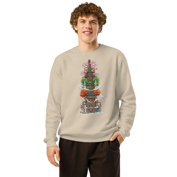 Steampunk Seasons Tower Organic Sweatshirt | Sustainable Fantasy Gamer Wear - Sustainable Organic Design | Detailed Alternative View