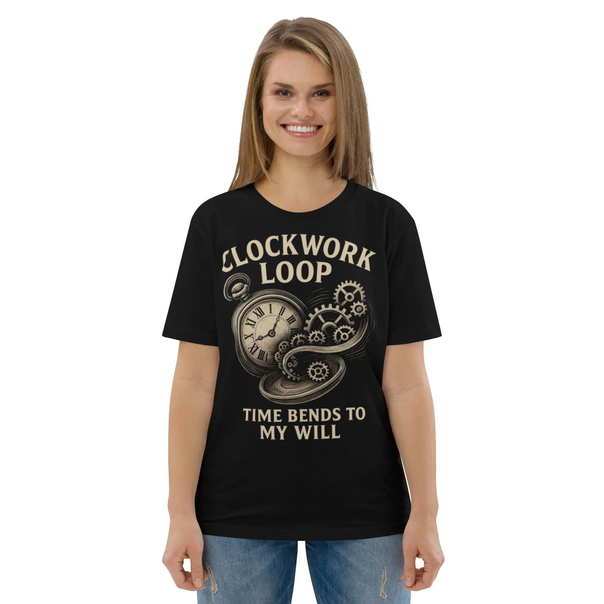 Clockwork Loop Organic Cotton T-Shirt | Premium Sustainable Streetwear - Sustainable Organic Design | Primary Mockup Front View