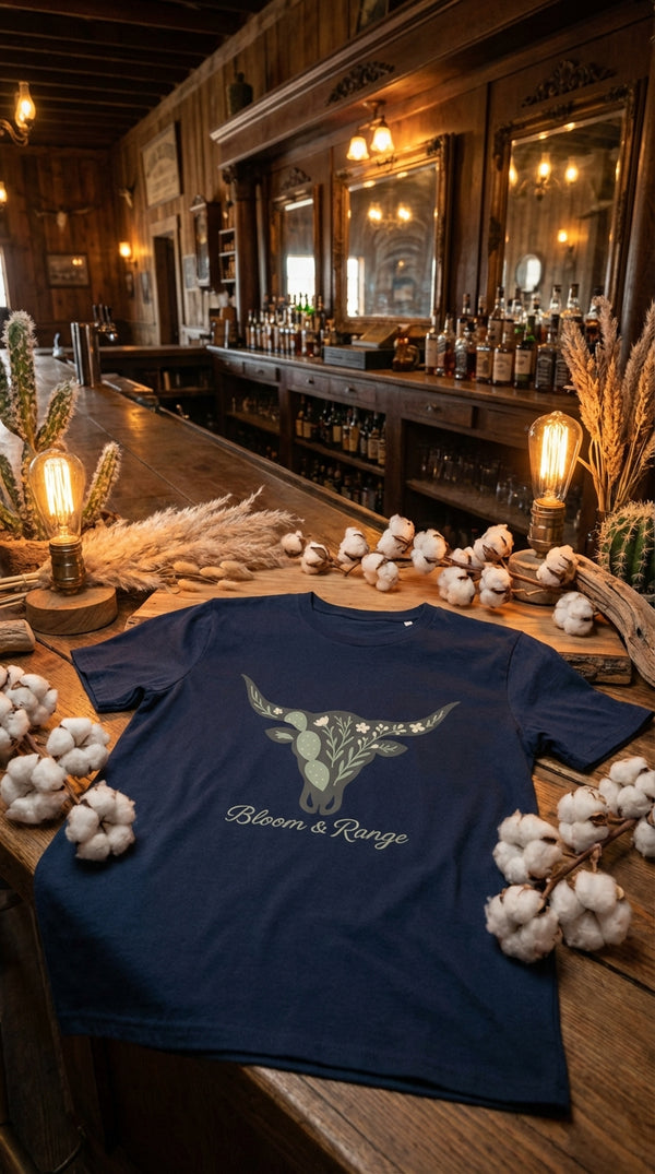Floral Longhorn Organic Cotton Tee - GOTS Certification Hero in Saloon Interior - 90s Retro Sustainable