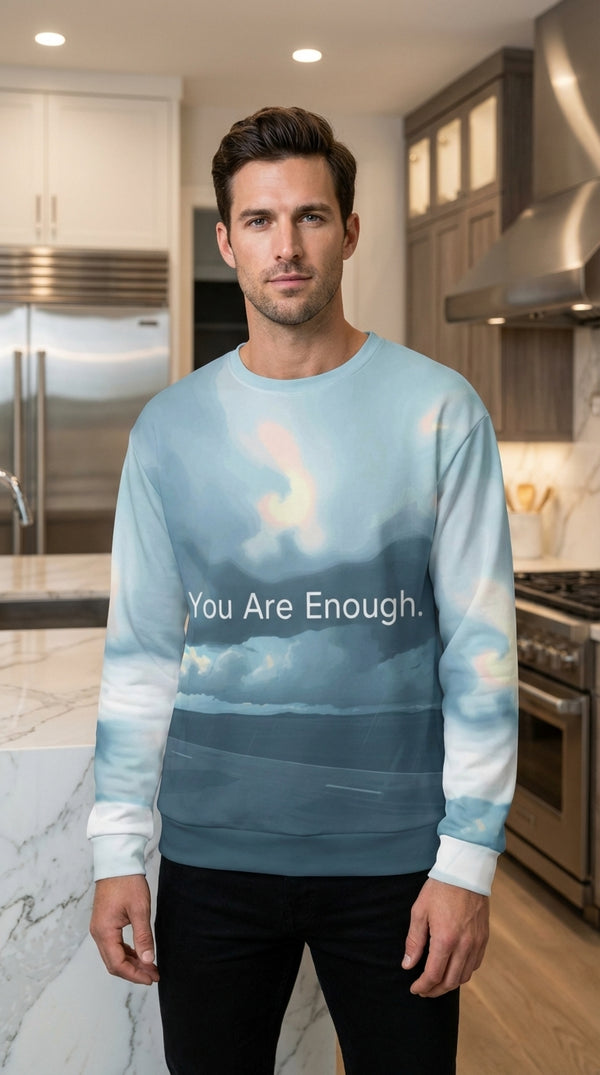 You Are Enough Recycled Unisex Sweatshirt - Male Model in Modern Kitchen - Eco-Aesthetic Lifestyle