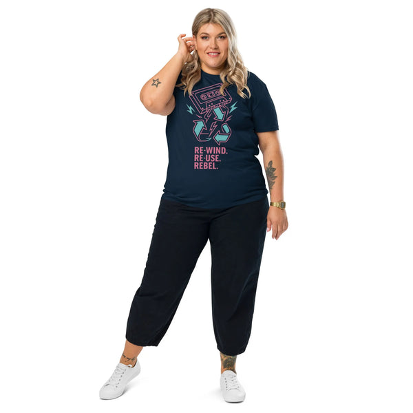 Rewind Rebel Organic Cotton Tee | Unisex Retro Cassette Graphic - Sustainable Organic Design | Detailed Alternative View