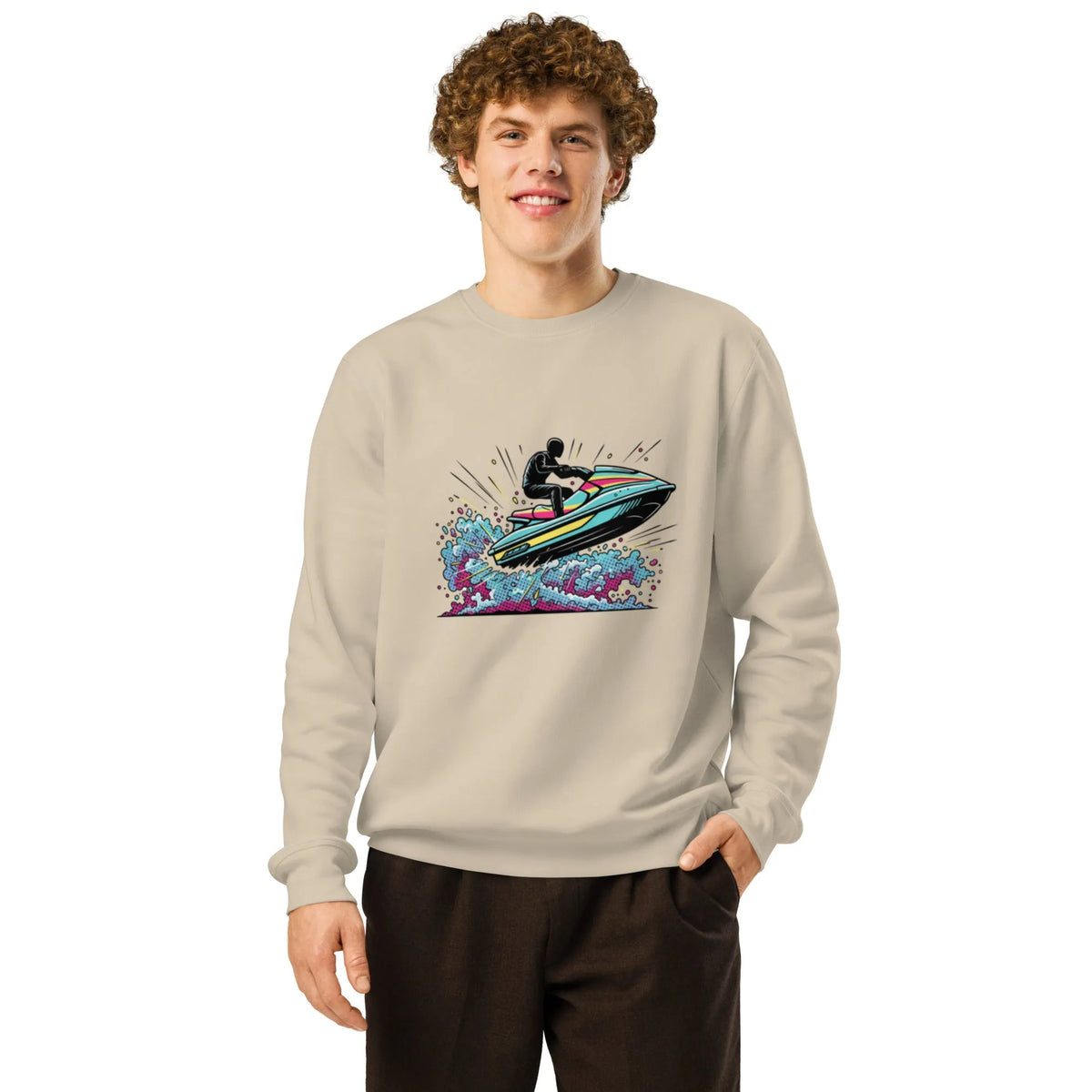 Retro Comic Jet Ski | Organic Cotton Graphic Sweatshirt - Sustainable Organic Design | Detailed Alternative View