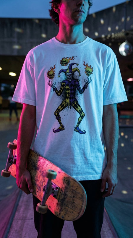 Flaming Skull Jester T-Shirt | 100% Organic Cotton - Urban Skater in Roller Rink - 90s Retro Sustainable