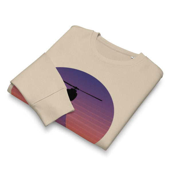 Retro Helicopter Sunset Organic Sweatshirt | Sustainable Aviation Style - Sustainable Organic Design | Detailed Alternative View