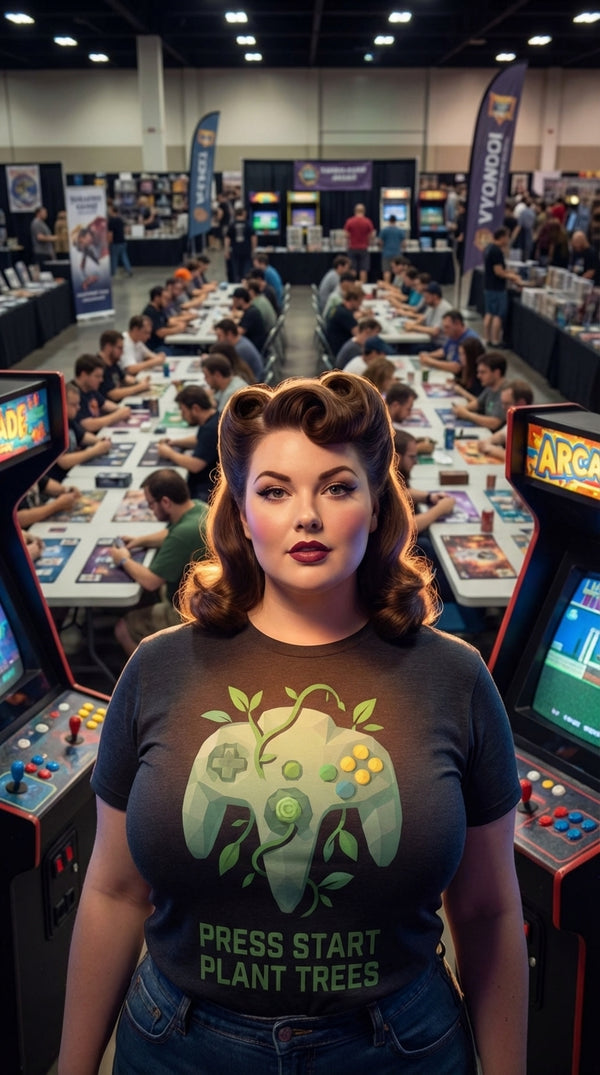 "Press Start" Gamer GOTS-certified organic cotton tee, editorial portrait 2