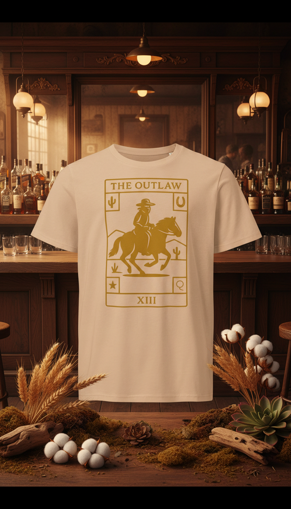 The Outlaw – Western Tarot Cowboy Tee - GOTS Certification Hero in Saloon Interior - 90s Retro Sustainable