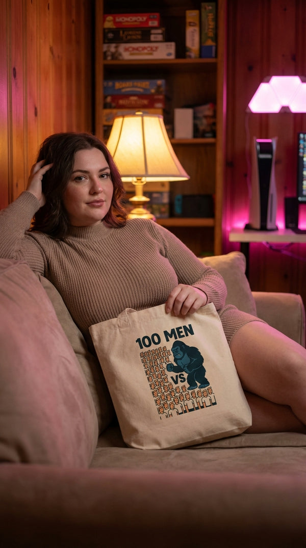 Organic Cotton Tote - Men vs Gorilla Showdown - Cozy Plus Gamer in Cozy Game Den - 90s Retro Sustainable